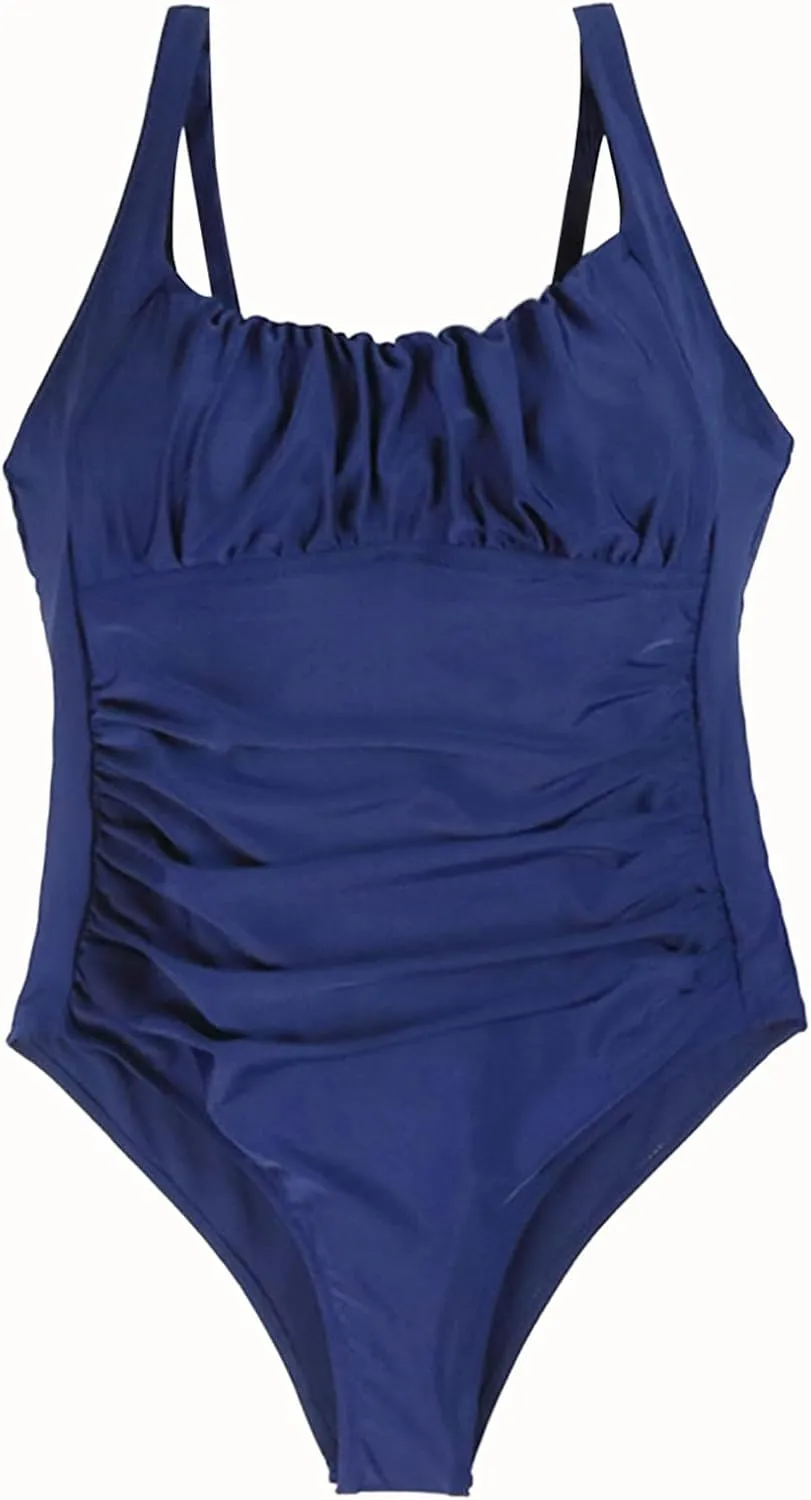 Women Vintage Ruched Push Up One Piece Swimsuit Tummy Control Bathing Suit Square Neck Swimwear High-Waisted Monokini