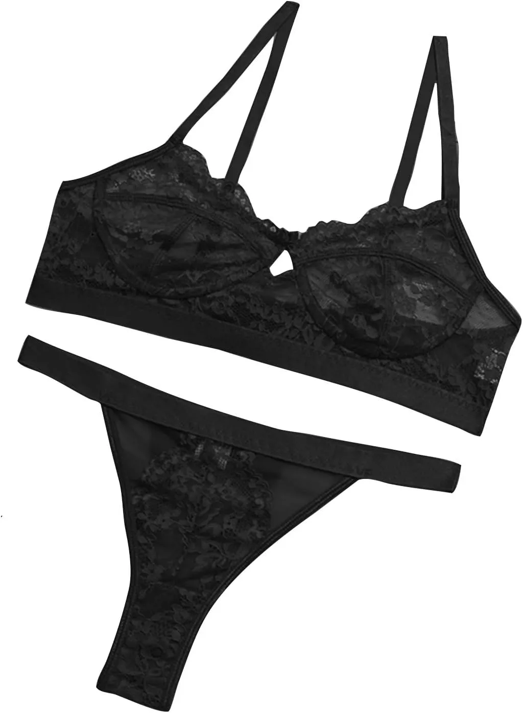 Women's 2 Piece Sexy Babydoll Lace Adjustable Spaghetti Strap Bralette Push Up Bra Thong Panty Underwear Lingerie Sets