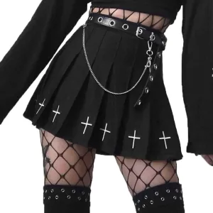 Womens Black Mini Pleated Skirts Goth High Waist A Line Punk Skirt School Uniform Short Skirts with Belt