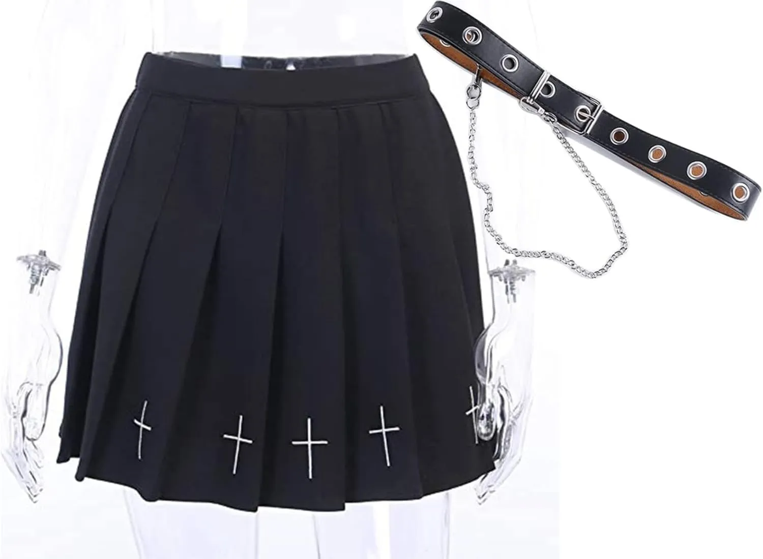 Womens Black Mini Pleated Skirts Goth High Waist A Line Punk Skirt School Uniform Short Skirts with Belt