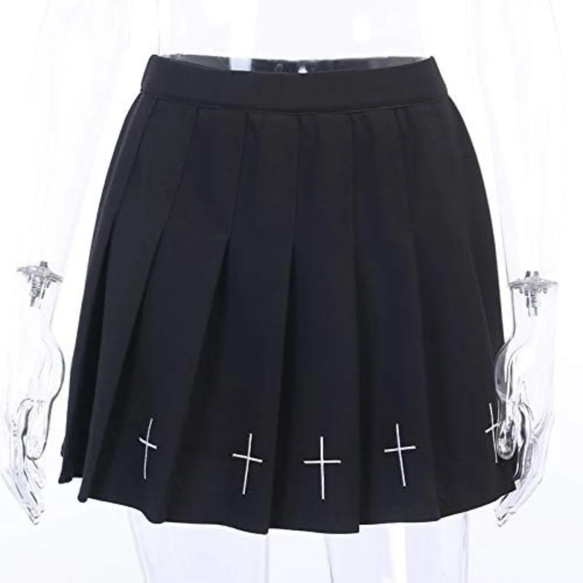 Womens Black Mini Pleated Skirts Goth High Waist A Line Punk Skirt School Uniform Short Skirts with Belt