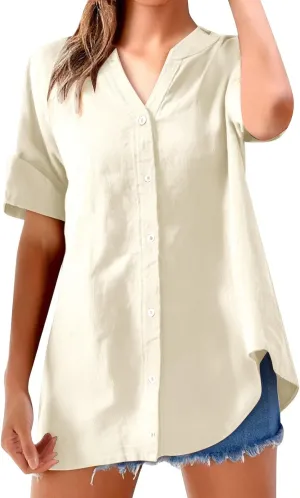 Womens Button Down Shirt V-Neck Long Sleeve Linen Summer Casual Trendy Blouse Tops Loose Tee Tops
