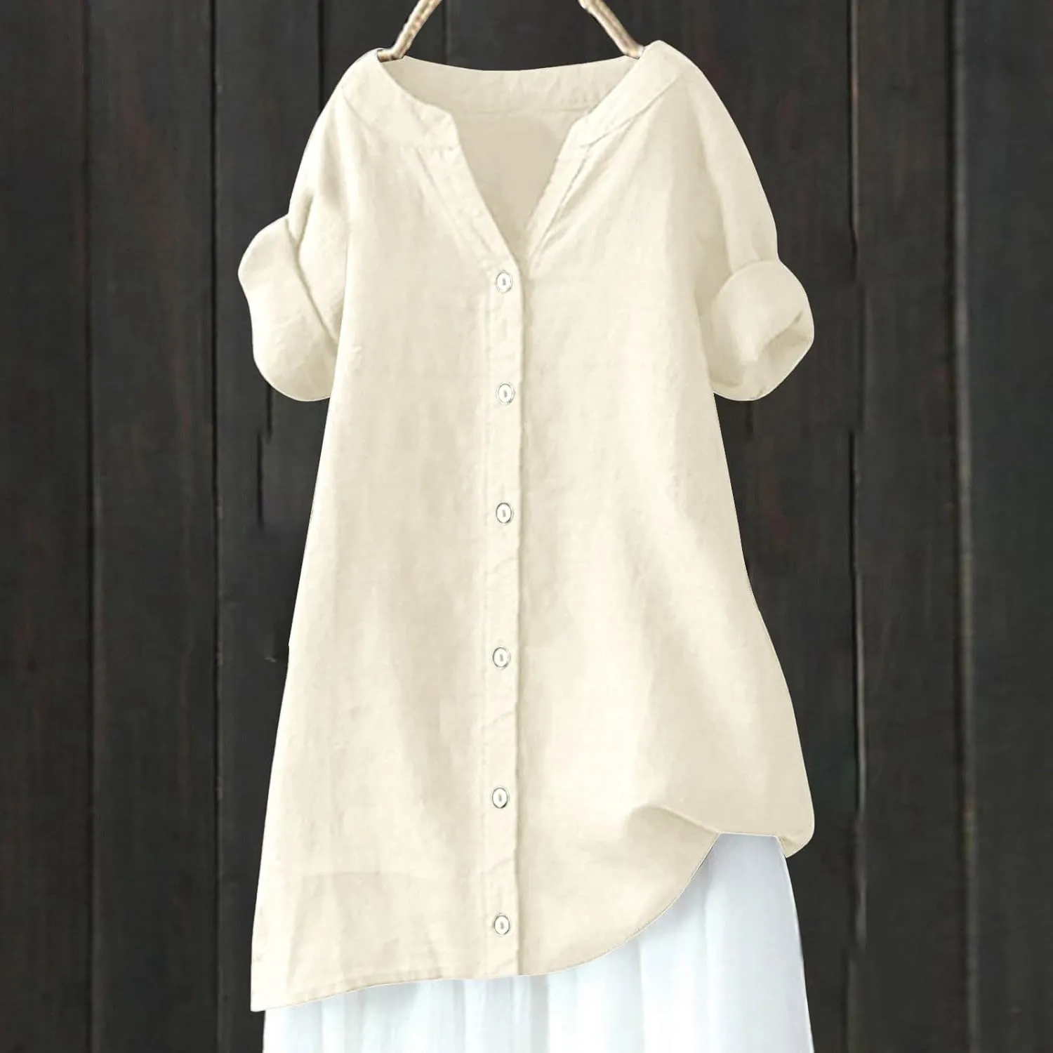 Womens Button Down Shirt V-Neck Long Sleeve Linen Summer Casual Trendy Blouse Tops Loose Tee Tops