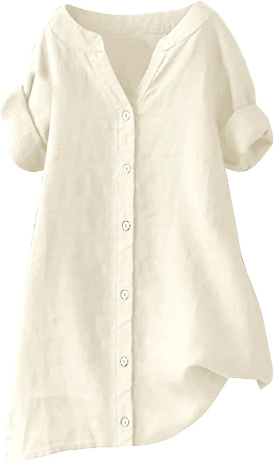 Womens Button Down Shirt V-Neck Long Sleeve Linen Summer Casual Trendy Blouse Tops Loose Tee Tops
