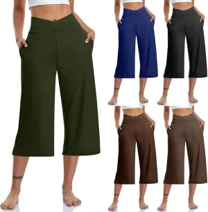 Womens Crossover High Waist Wide Leg Yoga Capris with Pockets Casual Capri Pants Loose Soft Pajama Pockets Sweatpants