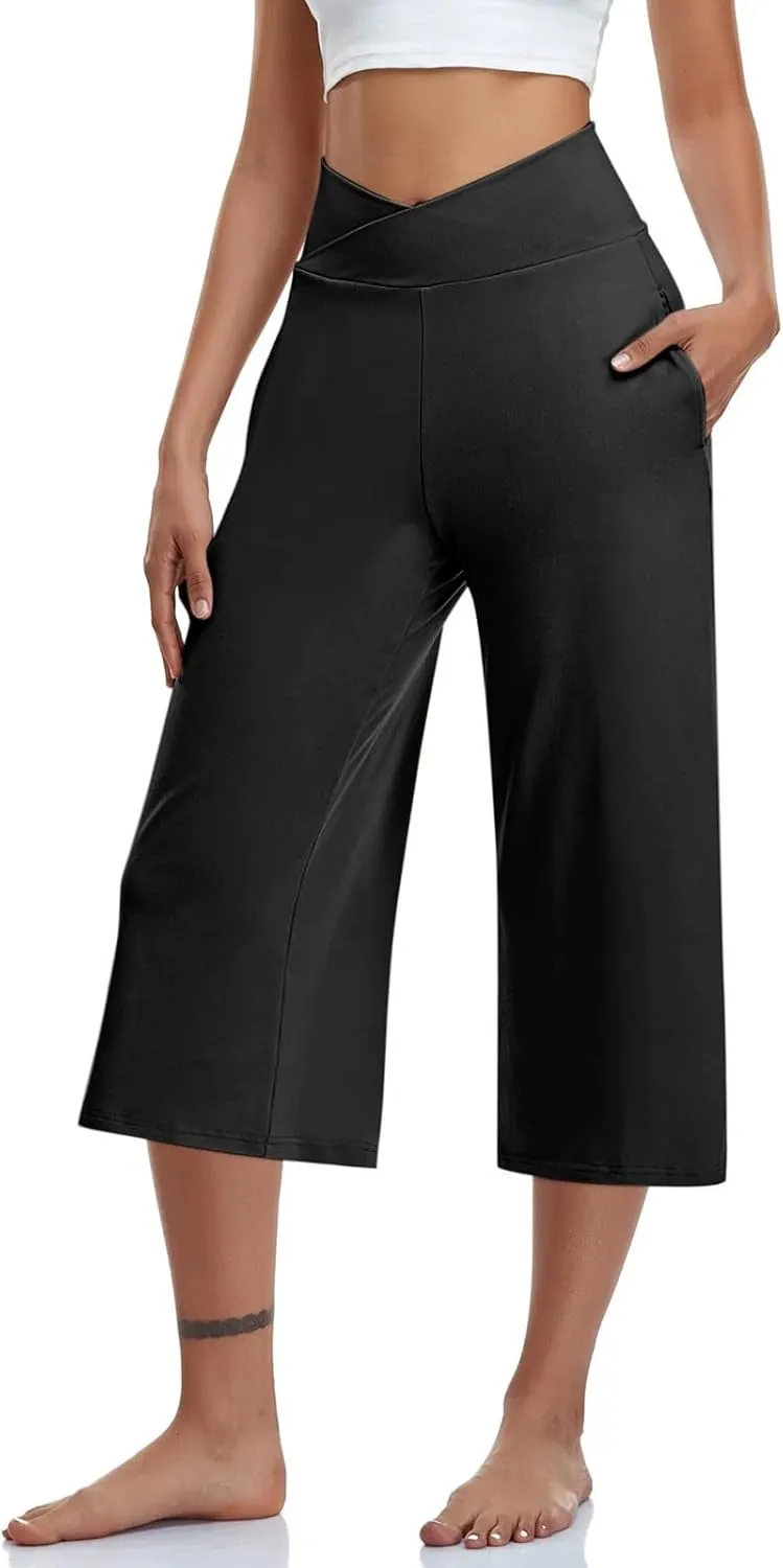 Womens Crossover High Waist Wide Leg Yoga Capris with Pockets Casual Capri Pants Loose Soft Pajama Pockets Sweatpants