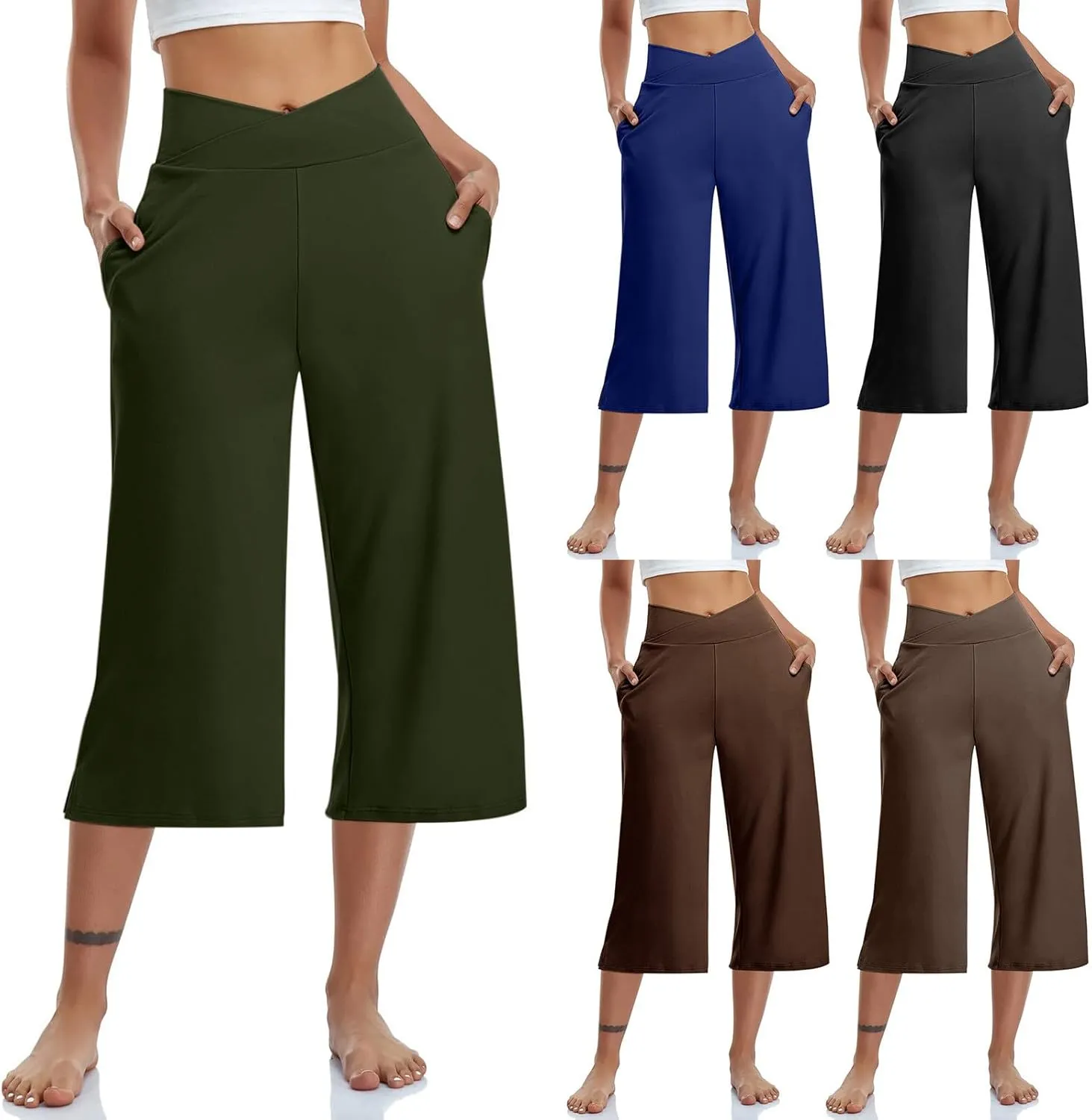 Womens Crossover High Waist Wide Leg Yoga Capris with Pockets Casual Capri Pants Loose Soft Pajama Pockets Sweatpants