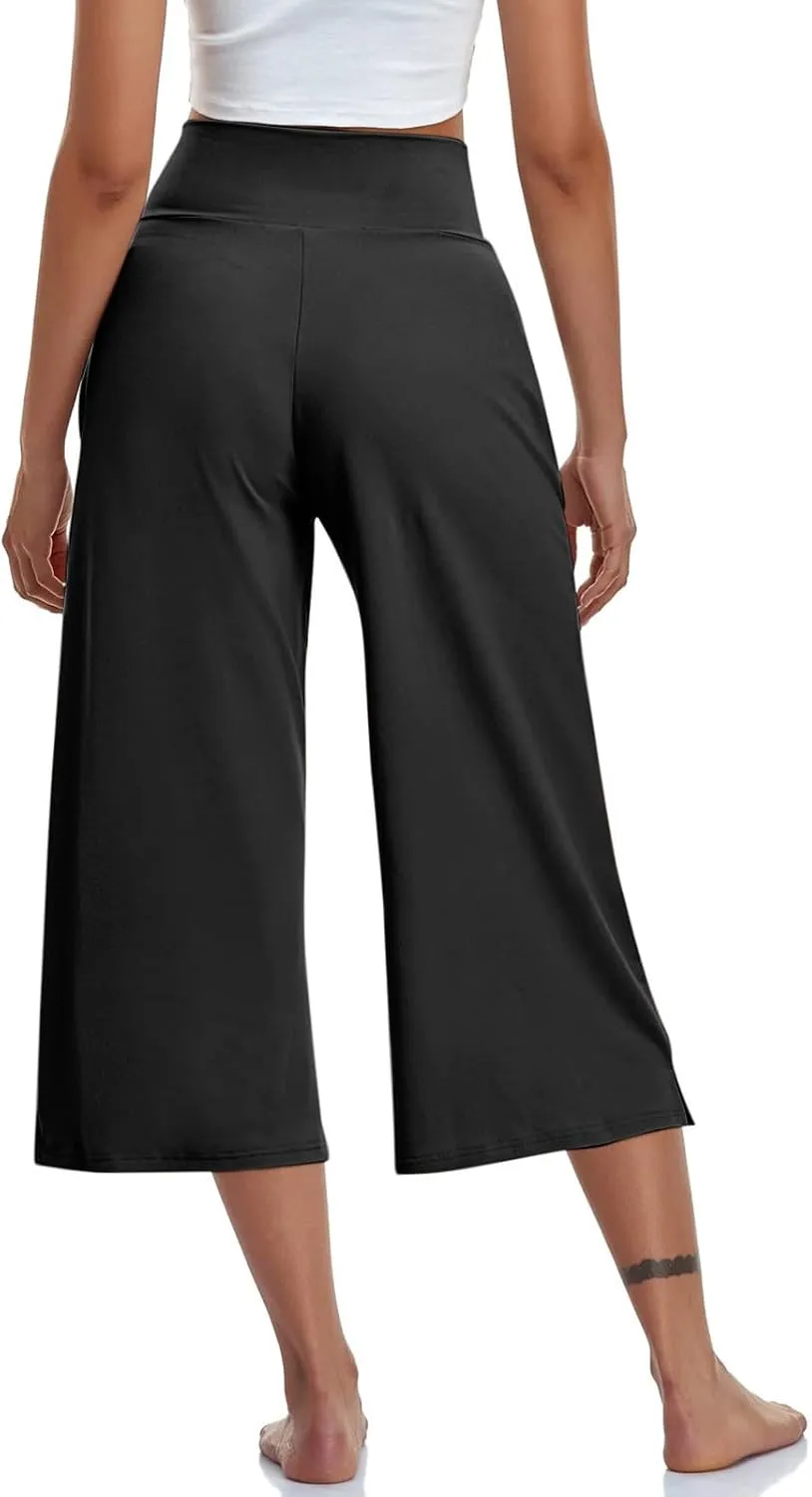 Womens Crossover High Waist Wide Leg Yoga Capris with Pockets Casual Capri Pants Loose Soft Pajama Pockets Sweatpants