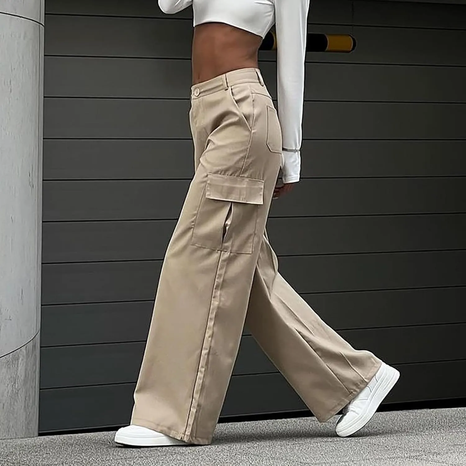 Women's Drawstring High Waist Cargo Pants Straight Leg Trousers Baggy Pants with Pockets Sweatpants Parachute Slacks