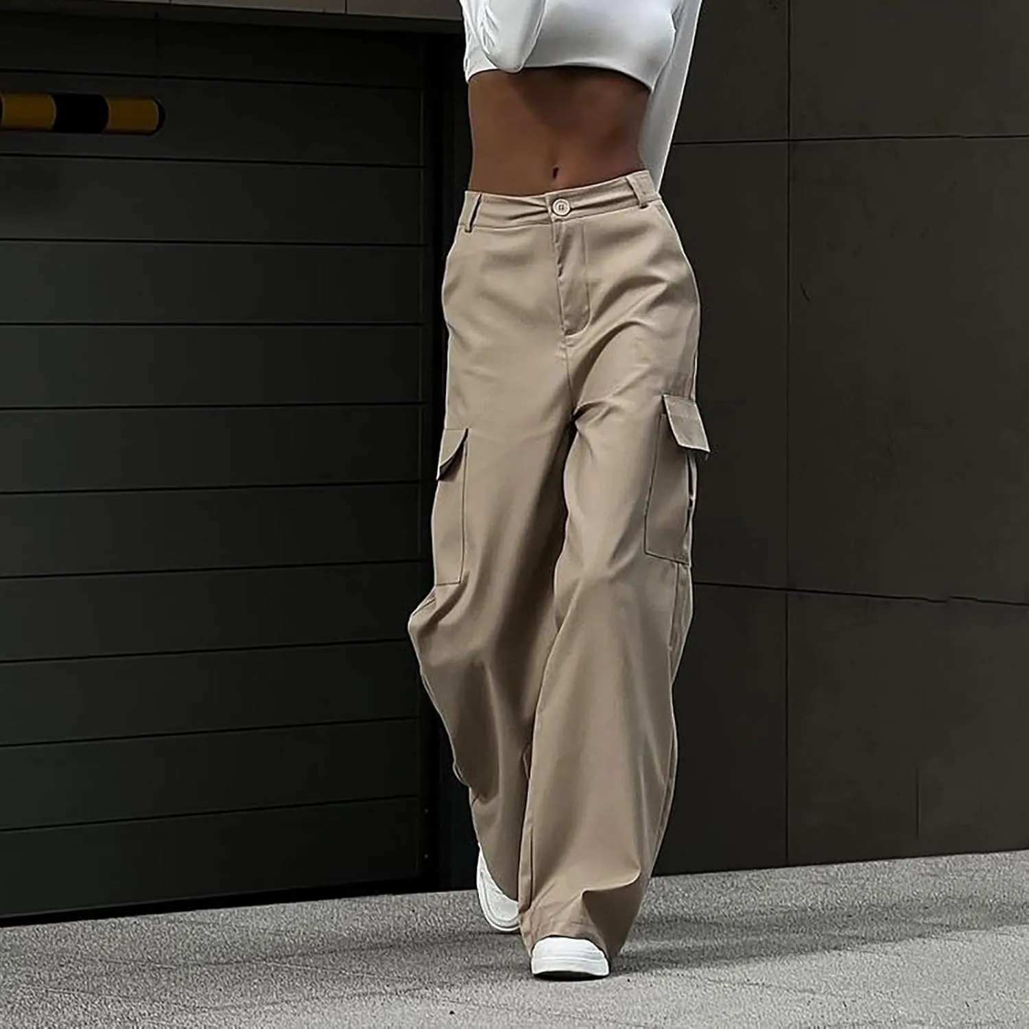 Women's Drawstring High Waist Cargo Pants Straight Leg Trousers Baggy Pants with Pockets Sweatpants Parachute Slacks