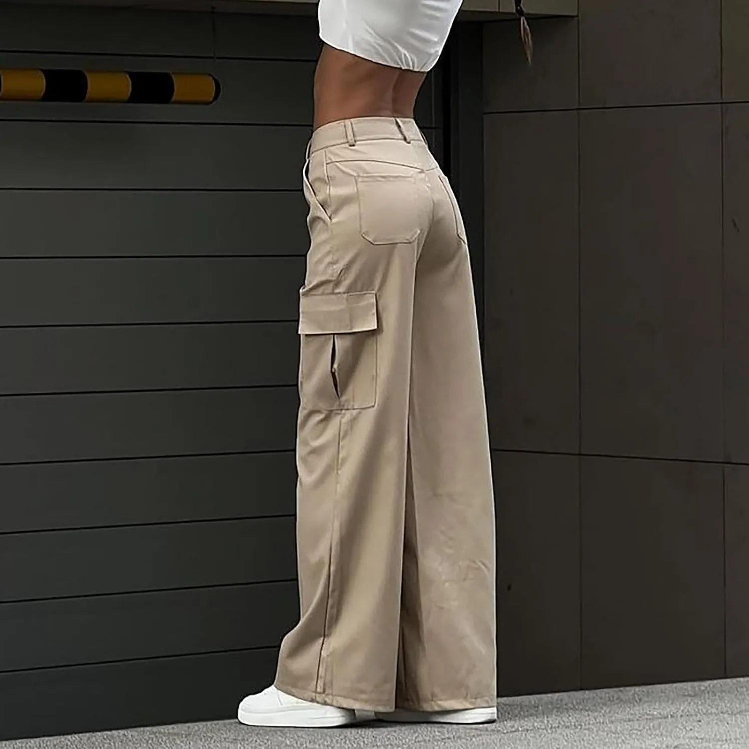Women's Drawstring High Waist Cargo Pants Straight Leg Trousers Baggy Pants with Pockets Sweatpants Parachute Slacks