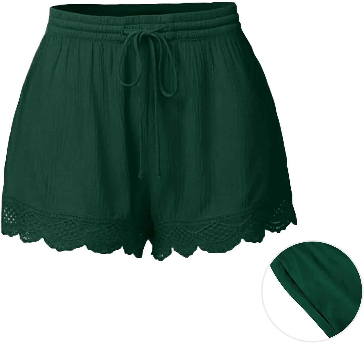 Womens Elastic Waist Lace Trim Shorts with Pockets Summer Casual High Waist Beach Lace Lounge Shorts Pants Plus Size