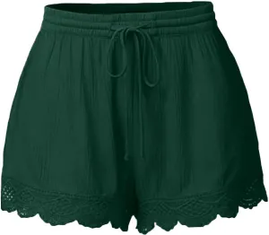 Womens Elastic Waist Lace Trim Shorts with Pockets Summer Casual High Waist Beach Lace Lounge Shorts Pants Plus Size