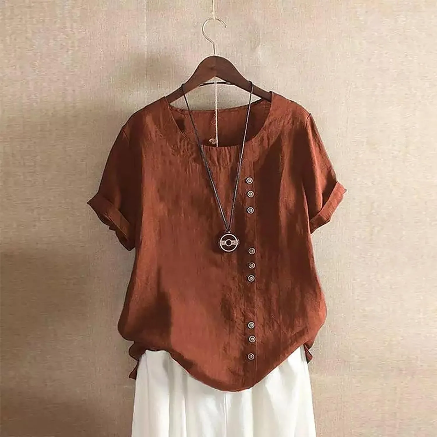 Women's Linen Shirts Summer Linen Embroidery Long Sleeve T-Shirt Casual Loose Fit Henley V Neck Blouse