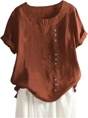 Women's Linen Shirts Summer Linen Embroidery Long Sleeve T-Shirt Casual Loose Fit Henley V Neck Blouse