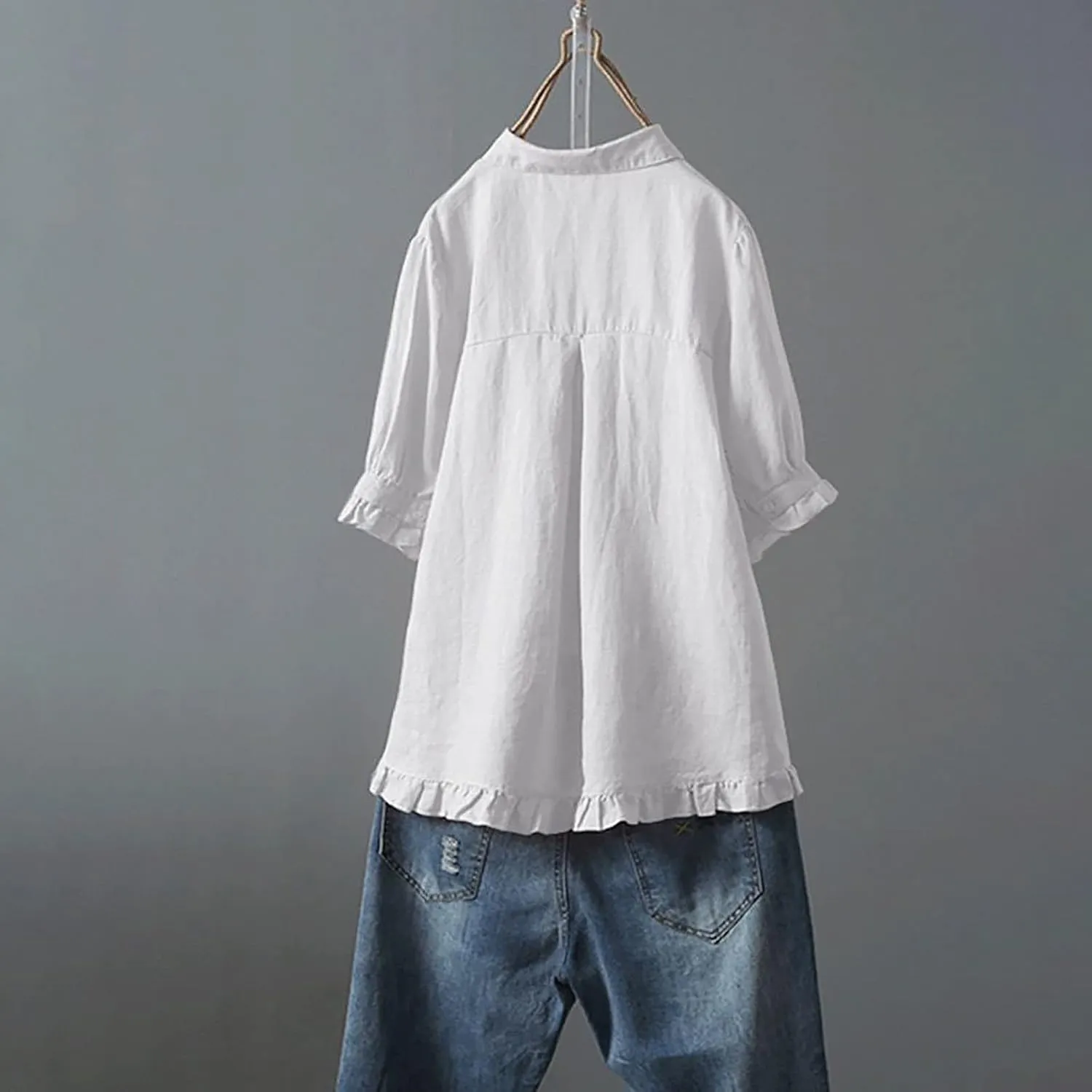 Women's Linen Shirts Summer Linen Solid Color Long Sleeve Tunic Tops Casual Plus Size Soft Crew Neck Tee Tops