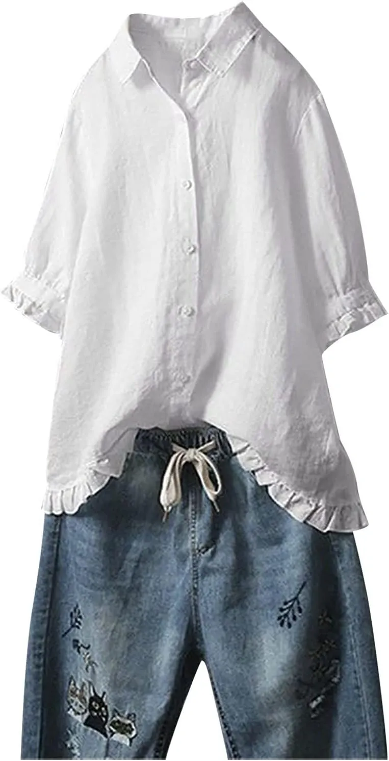 Women's Linen Shirts Summer Linen Solid Color Long Sleeve Tunic Tops Casual Plus Size Soft Crew Neck Tee Tops