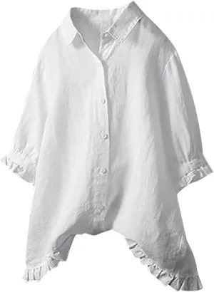 Women's Linen Shirts Summer Linen Solid Color Long Sleeve Tunic Tops Casual Plus Size Soft Crew Neck Tee Tops