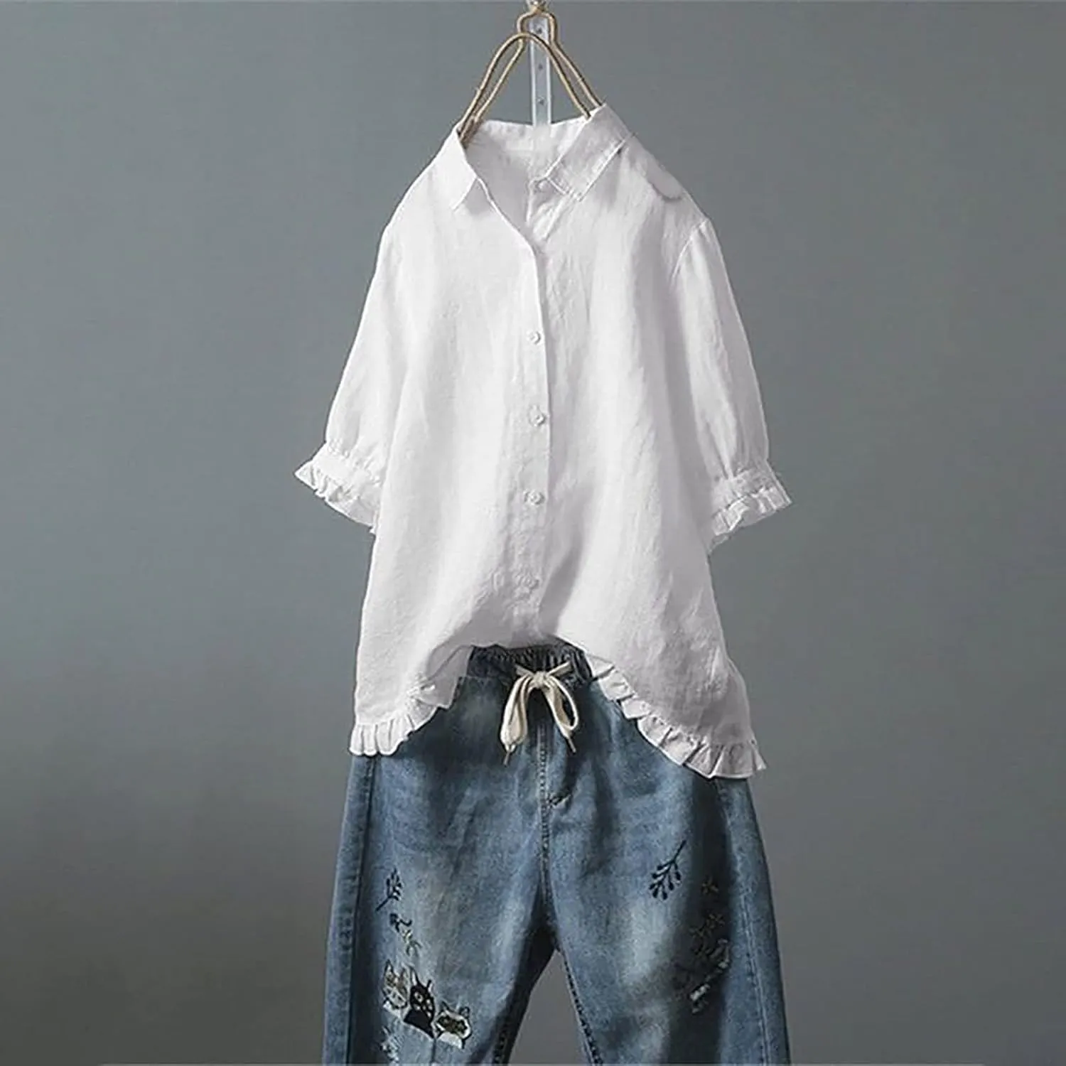 Women's Linen Shirts Summer Linen Solid Color Long Sleeve Tunic Tops Casual Plus Size Soft Crew Neck Tee Tops