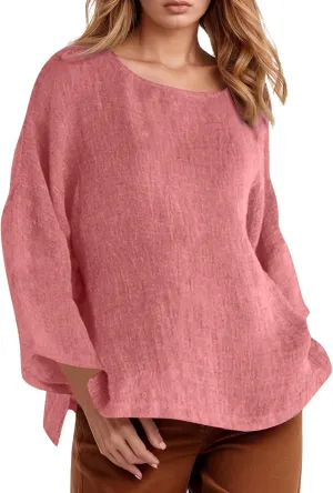 Womens Linen Shirts V Neck Buttons Blouse Solid Color Fashion Tshirts Short Sleeve Loose Tunic Tops