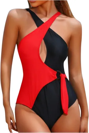 Women's One Piece Bikini Swimsuits Front Cross Keyhole Tummy Control Backless Bathing Suit Color Block Beachwear