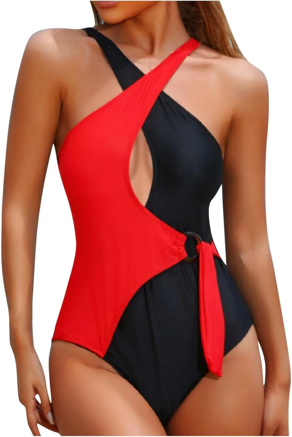 Women's One Piece Bikini Swimsuits Front Cross Keyhole Tummy Control Backless Bathing Suit Color Block Beachwear