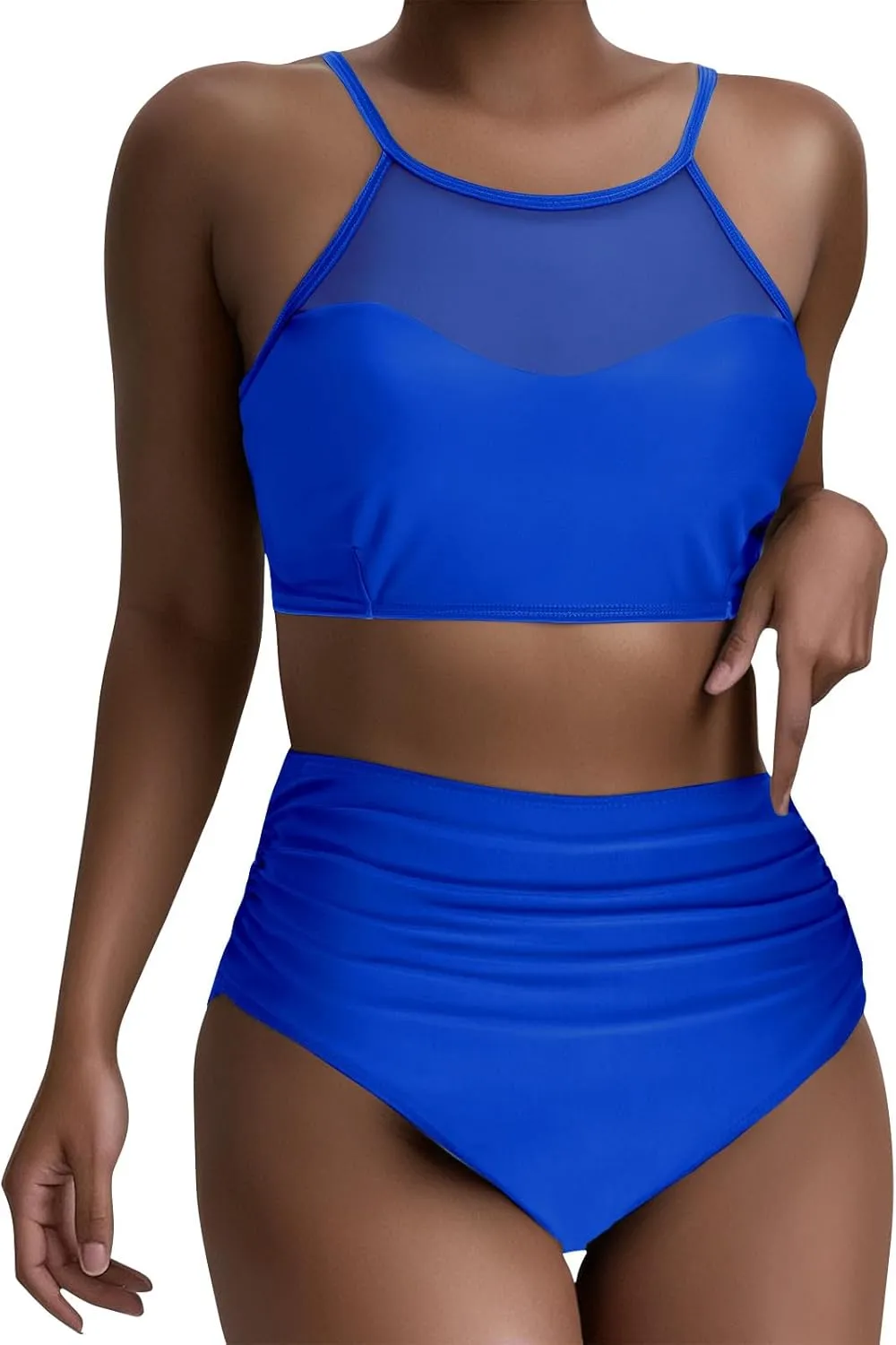 Women's One Piece Swimsuit 2025 Scoop Neck Ruched Mesh See Through Bathing Suit Tummy Control Slimming Swimwear