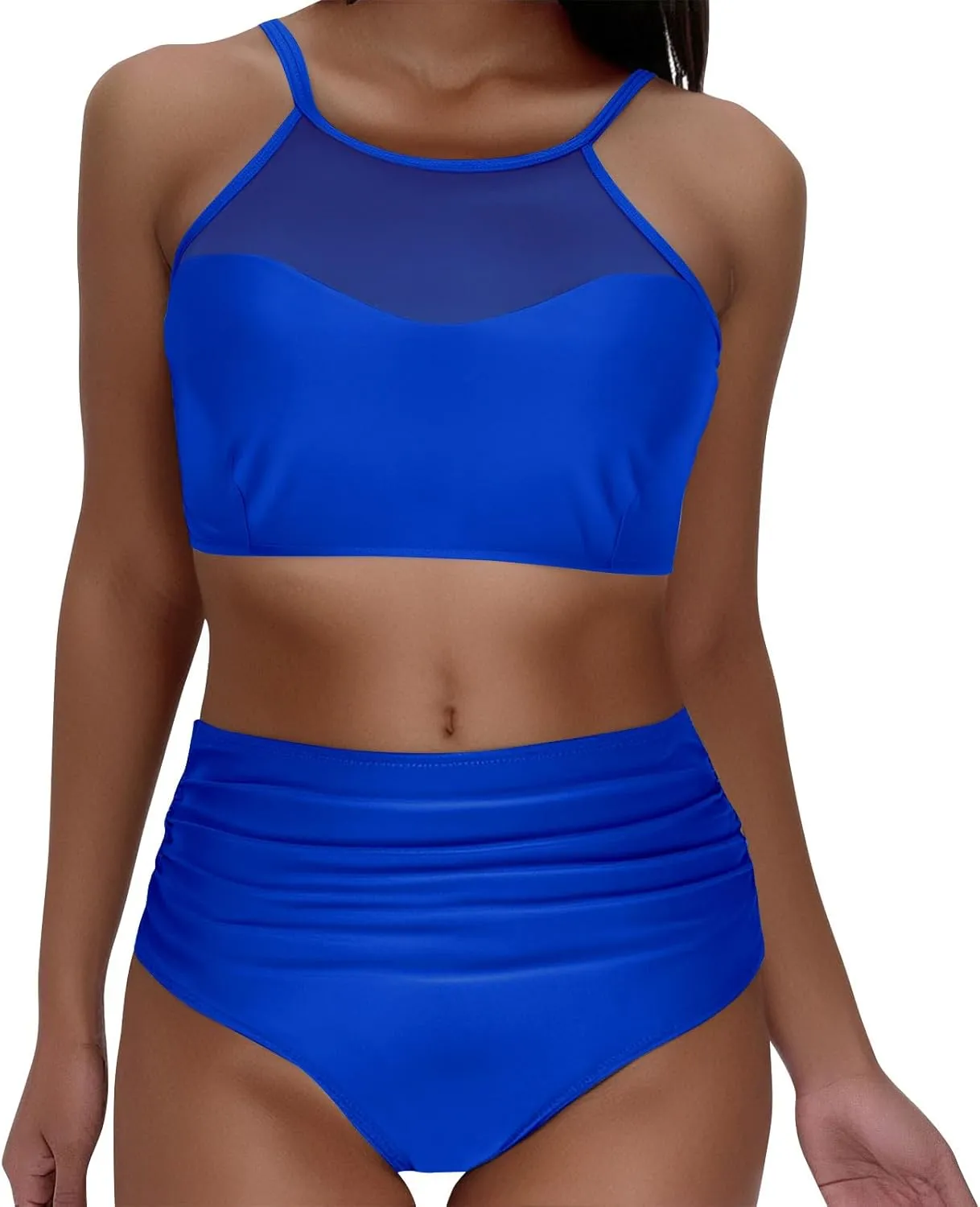 Women's One Piece Swimsuit 2025 Scoop Neck Ruched Mesh See Through Bathing Suit Tummy Control Slimming Swimwear