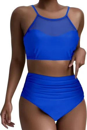 Women's One Piece Swimsuit 2025 Scoop Neck Ruched Mesh See Through Bathing Suit Tummy Control Slimming Swimwear
