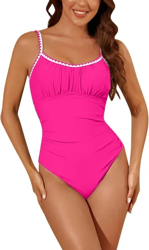 Womens One Piece Swimsuits Push Up Slimming Tummy Control Bathing Suits Wave Trim Spaghetti Straps Cute Swimwear 2025