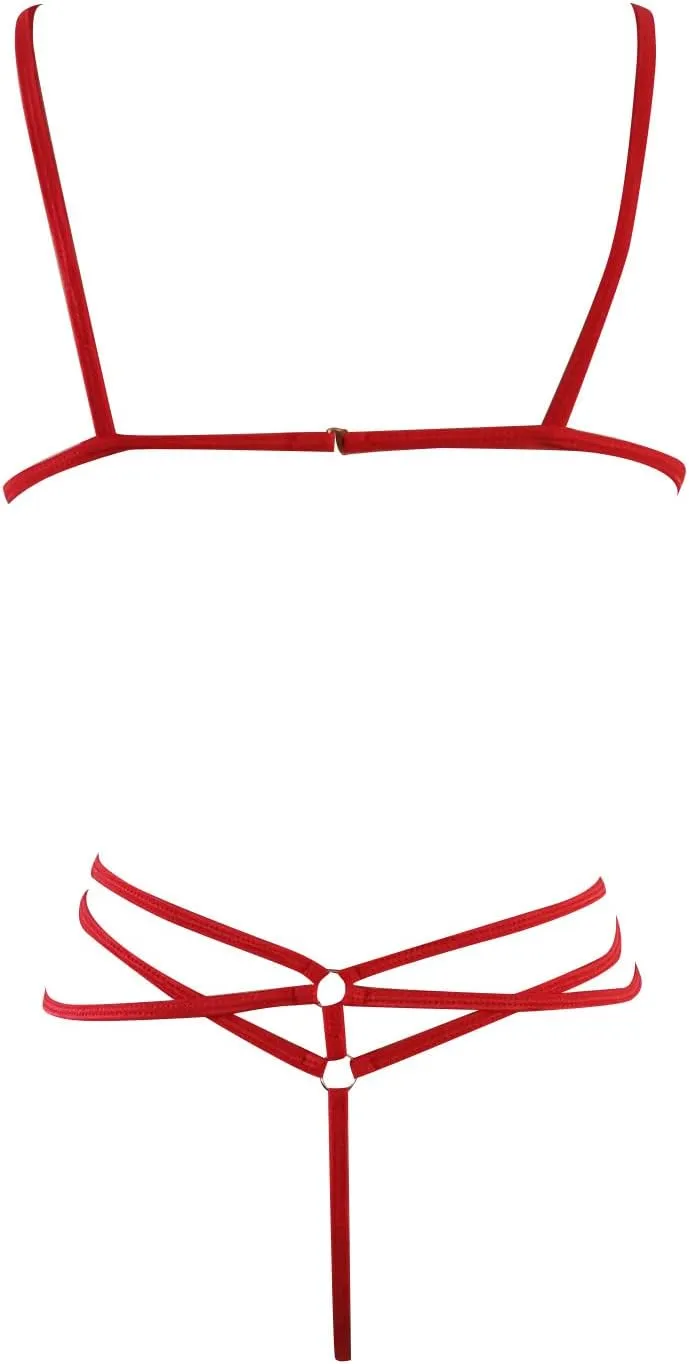 Women's Plus Size Punk Full Body Harness Lingerie Strappy Bralette Bra and Panty Adjustable Buckle Goth Club Rave Wear