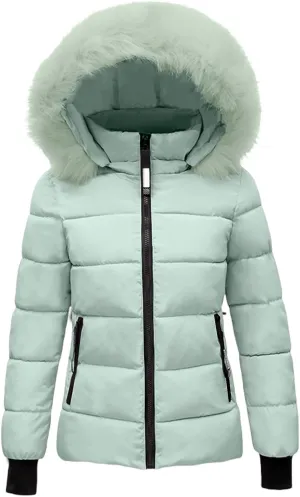 Women's Quilted Puffer Jacket Removable Faux Fur Hooded Long Puffer Coat Lightweight Full-Zip Puffer Jacket