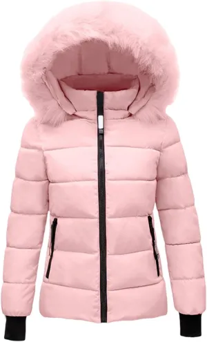 Women's Quilted Puffer Jacket Removable Faux Fur Hooded Long Puffer Coat Lightweight Full-Zip Puffer Jacket