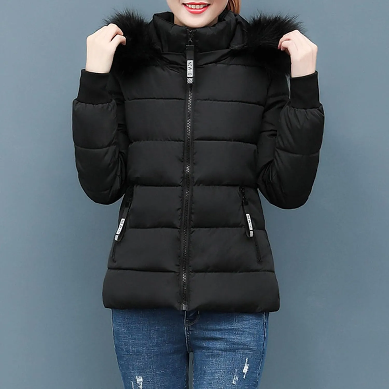 Women's Quilted Puffer Jacket Removable Faux Fur Hooded Long Puffer Coat Lightweight Full-Zip Puffer Jacket
