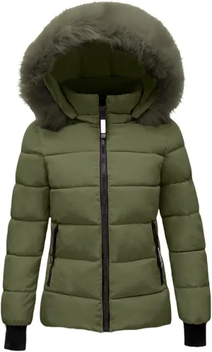 Women's Quilted Puffer Jacket Removable Faux Fur Hooded Long Puffer Coat Lightweight Full-Zip Puffer Jacket