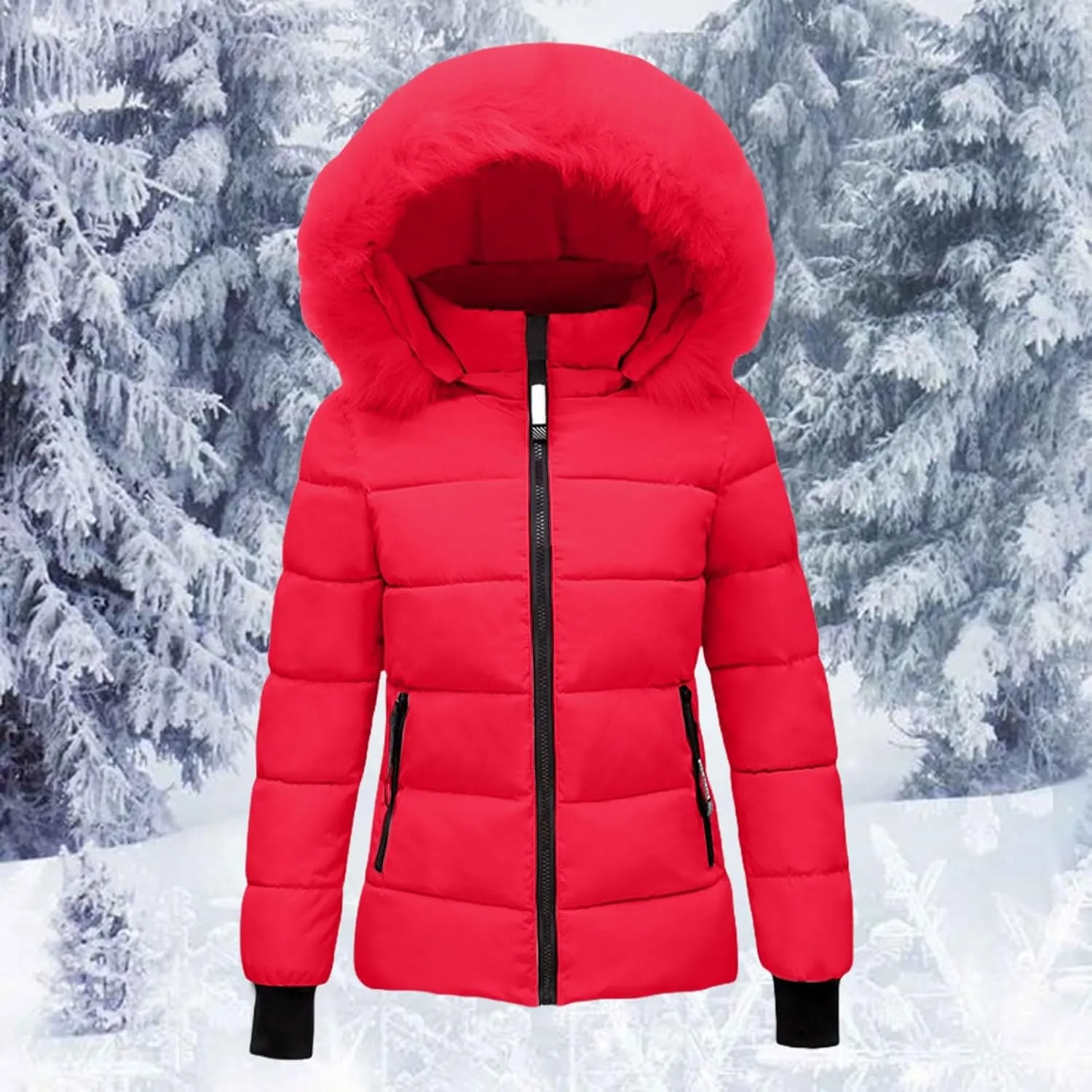 Women's Quilted Puffer Jacket Removable Faux Fur Hooded Long Puffer Coat Lightweight Full-Zip Puffer Jacket