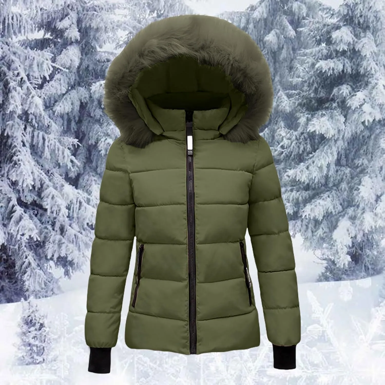 Women's Quilted Puffer Jacket Removable Faux Fur Hooded Long Puffer Coat Lightweight Full-Zip Puffer Jacket