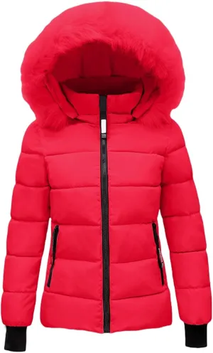 Women's Quilted Puffer Jacket Removable Faux Fur Hooded Long Puffer Coat Lightweight Full-Zip Puffer Jacket