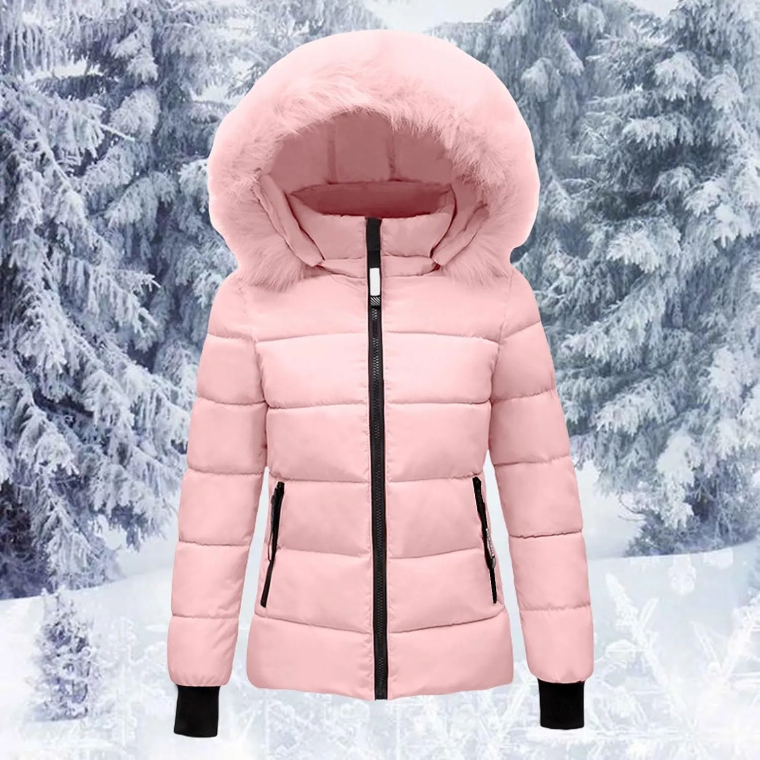 Women's Quilted Puffer Jacket Removable Faux Fur Hooded Long Puffer Coat Lightweight Full-Zip Puffer Jacket