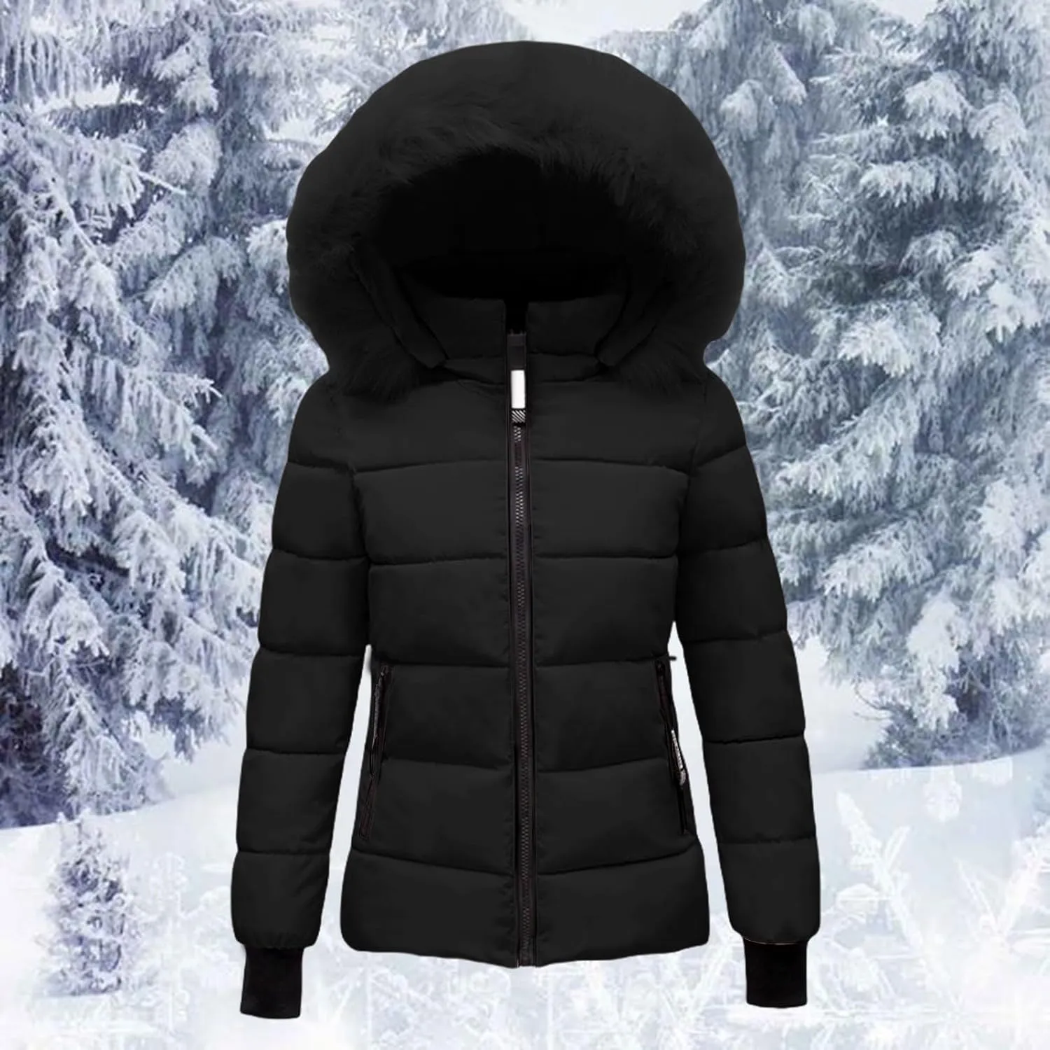 Women's Quilted Puffer Jacket Removable Faux Fur Hooded Long Puffer Coat Lightweight Full-Zip Puffer Jacket