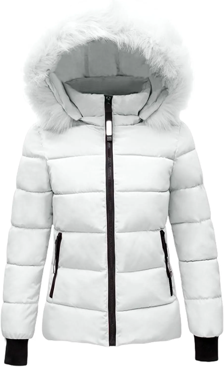 Women's Quilted Puffer Jacket Removable Faux Fur Hooded Long Puffer Coat Lightweight Full-Zip Puffer Jacket