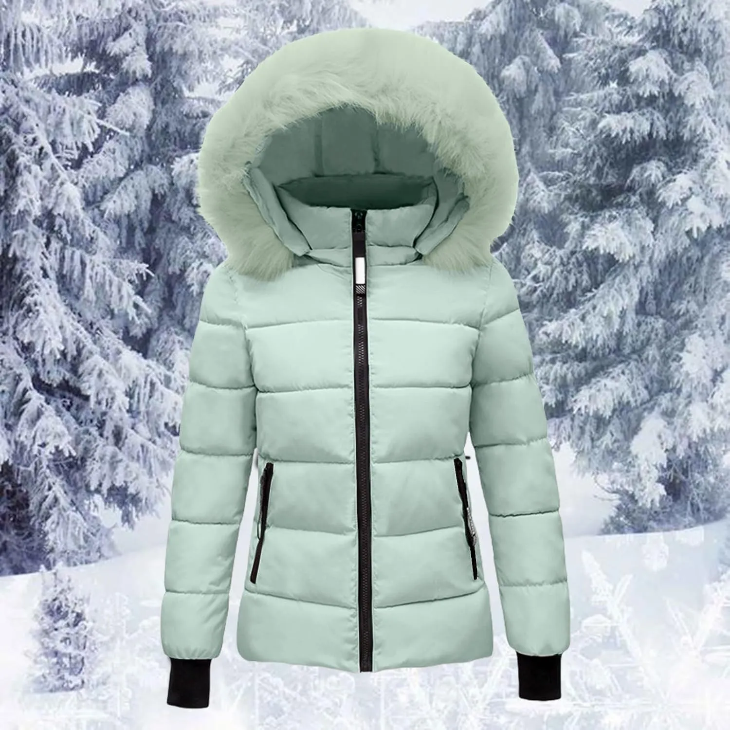 Women's Quilted Puffer Jacket Removable Faux Fur Hooded Long Puffer Coat Lightweight Full-Zip Puffer Jacket