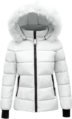 Women's Quilted Puffer Jacket Removable Faux Fur Hooded Long Puffer Coat Lightweight Full-Zip Puffer Jacket