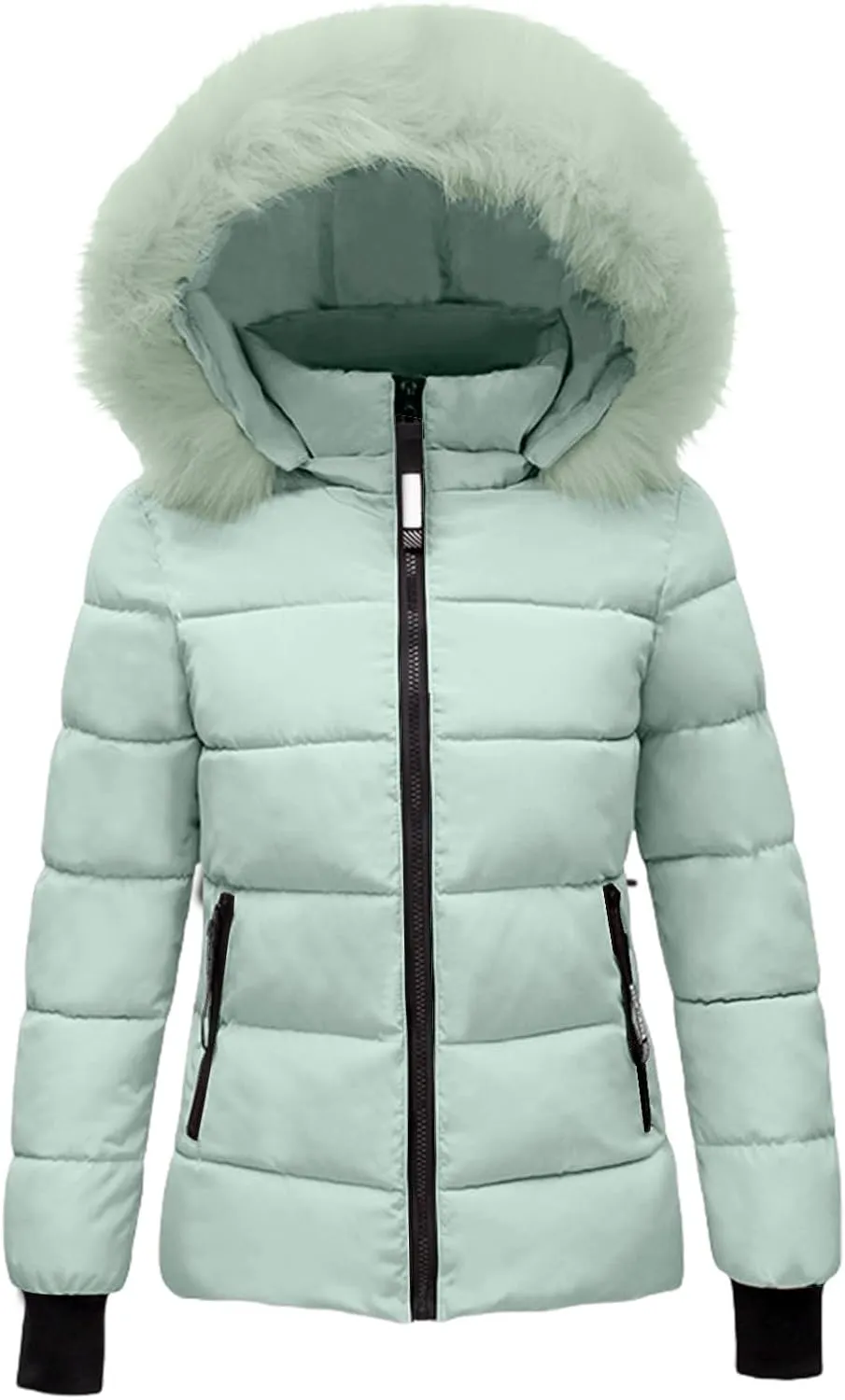 Women's Quilted Puffer Jacket Removable Faux Fur Hooded Long Puffer Coat Lightweight Full-Zip Puffer Jacket
