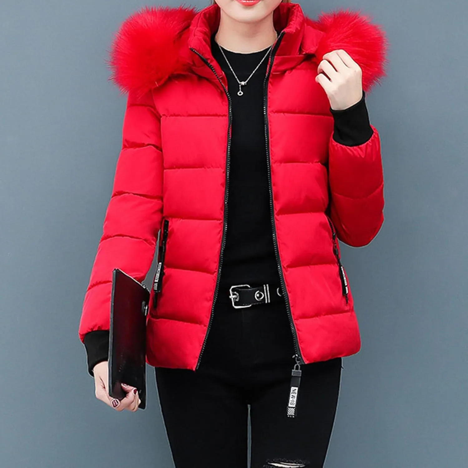 Women's Quilted Puffer Jacket Removable Faux Fur Hooded Long Puffer Coat Lightweight Full-Zip Puffer Jacket