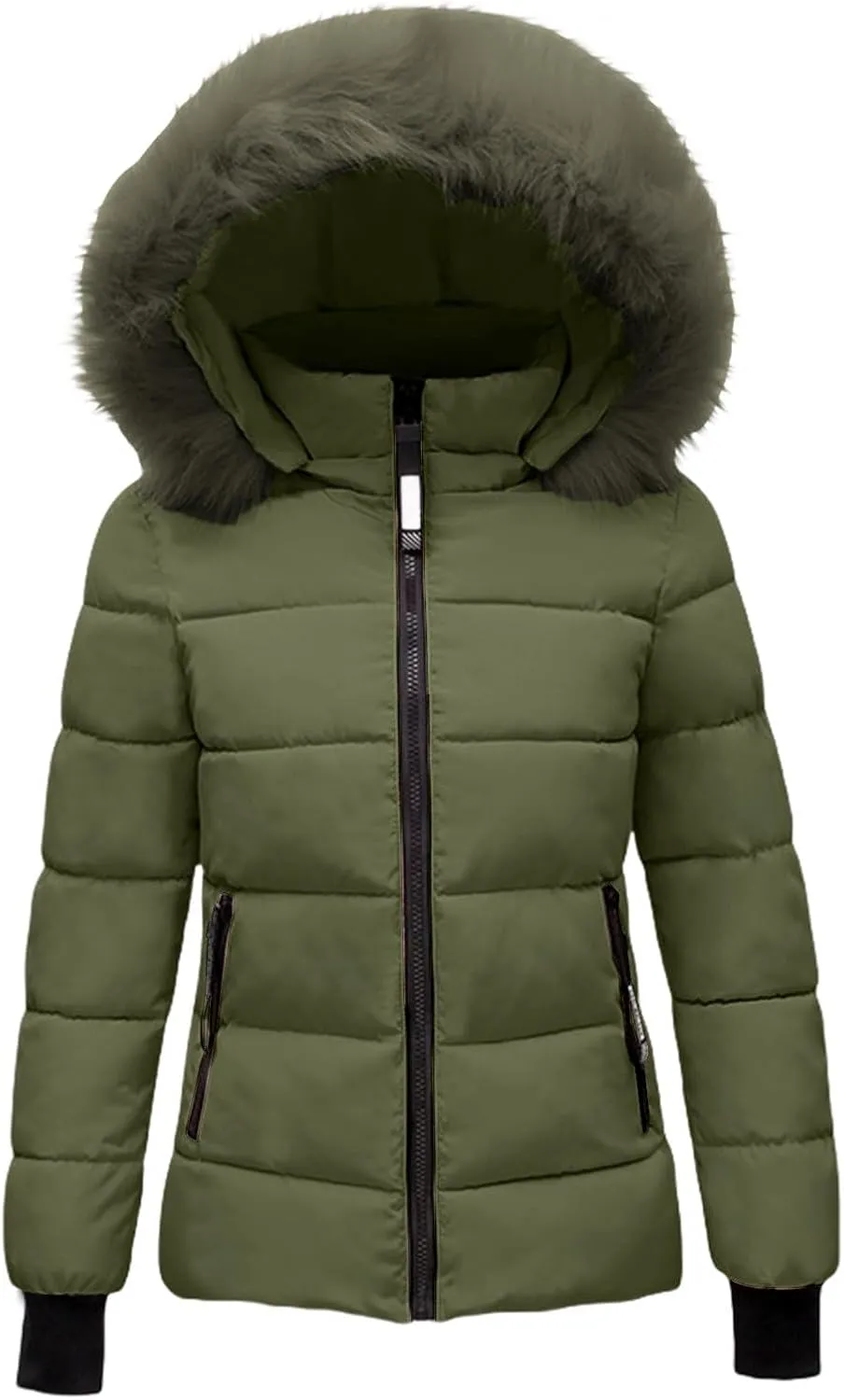 Women's Quilted Puffer Jacket Removable Faux Fur Hooded Long Puffer Coat Lightweight Full-Zip Puffer Jacket