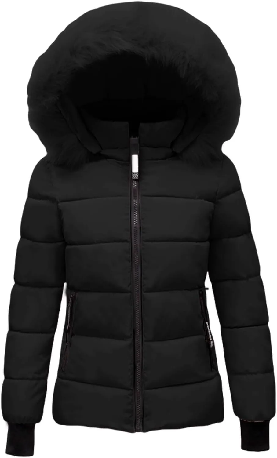 Women's Quilted Puffer Jacket Removable Faux Fur Hooded Long Puffer Coat Lightweight Full-Zip Puffer Jacket