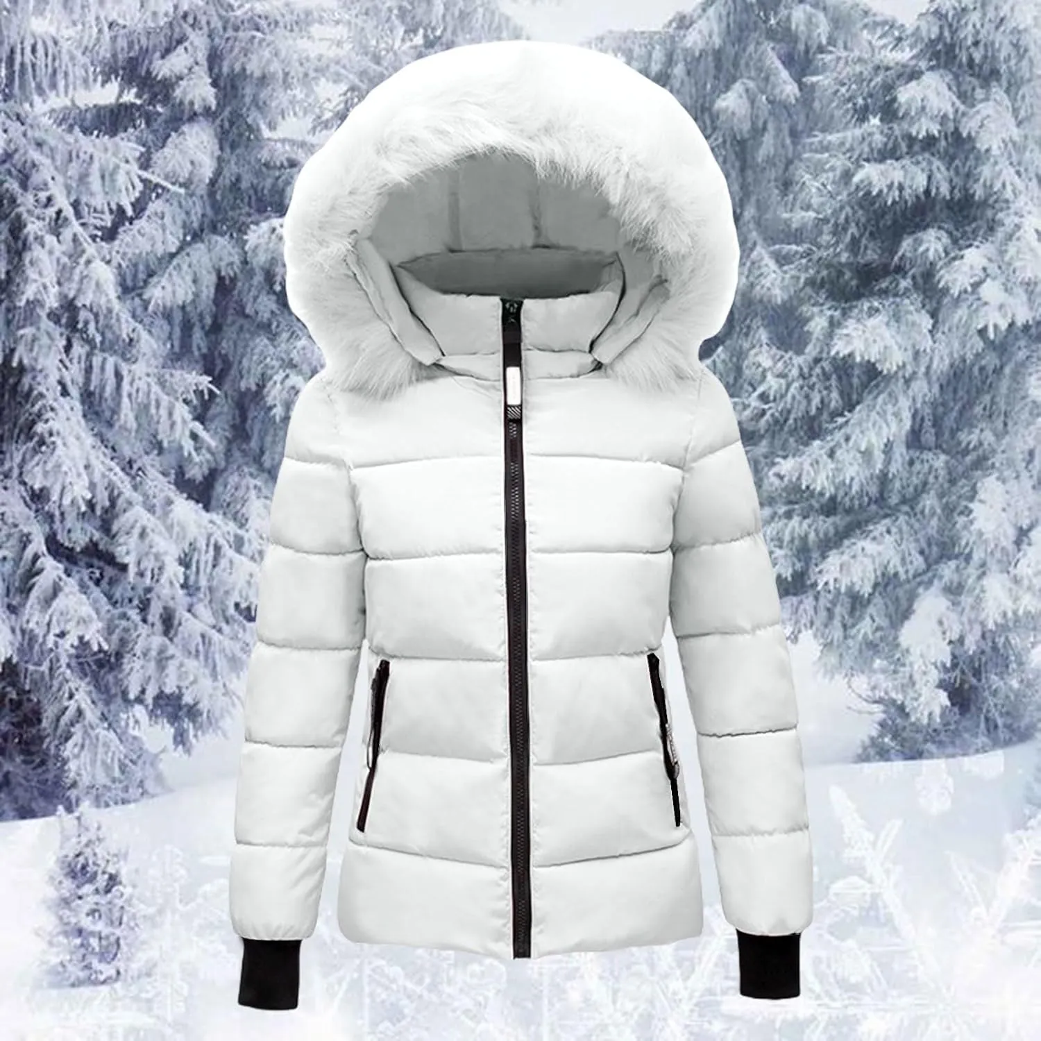 Women's Quilted Puffer Jacket Removable Faux Fur Hooded Long Puffer Coat Lightweight Full-Zip Puffer Jacket