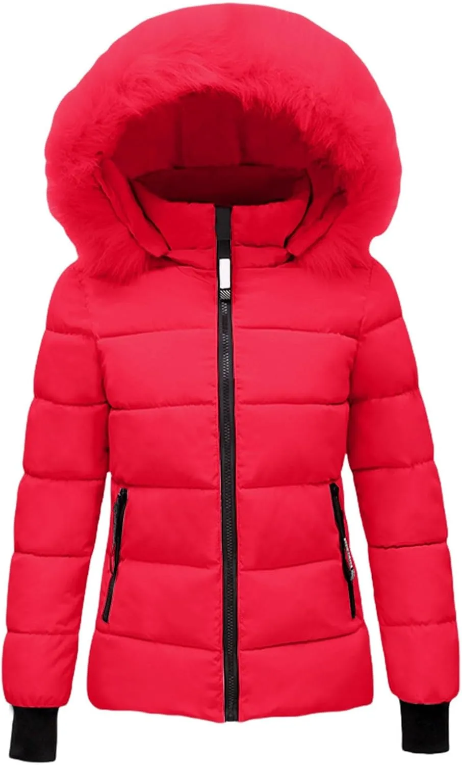 Women's Quilted Puffer Jacket Removable Faux Fur Hooded Long Puffer Coat Lightweight Full-Zip Puffer Jacket