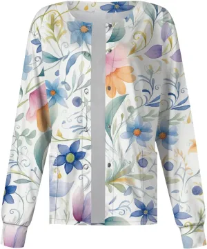 Women'S Scrub Jacket Tops Long Sleeve Floral Printed Stand-Up Collar Button Front Working Nurse Uniforms With Pockets